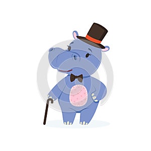 Funny baby hippo character wearing top hat and bow tie standing with cane, cute behemoth African animal vector