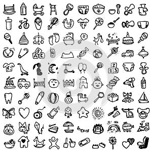 Funny baby icons. vector doodle collection of hand drawn icons for baby shower