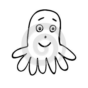 Funny baby octopus - cartoon character, uncoloured, hand drawn with ink stroke, vector illustration