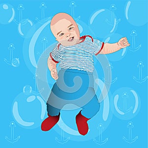 Funny baby on sea background.