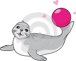 Funny baby seal with ball and hearts
