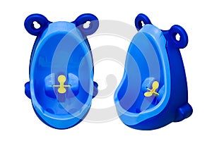 Funny baby urinal for boys. Housebreaking. To pee standing up. Set of two foreshortenings photo