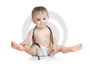 Funny baby weared diaper with stethoscope photo