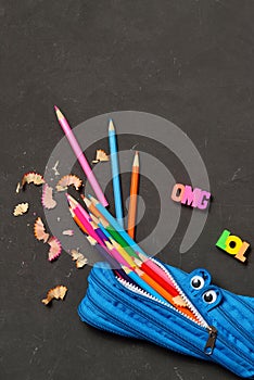 Funny Back to School concept - pencil case eating pencils on black chalk background. Space for text