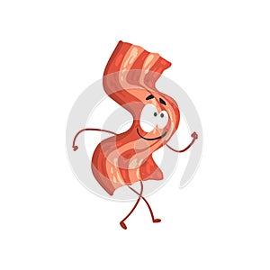 Funny bacon slice cartoon fast food character, element for menu of cafe, restaurant, kids food, vector Illustration