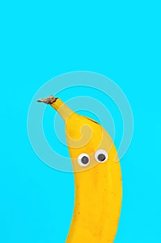 Funny Banana fruit with googly eyes on bright bue background with blank copy space above