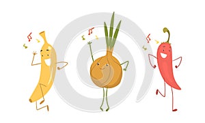 Funny Banana and Onion Character Dancing Moving Hand and Legs Vector Set