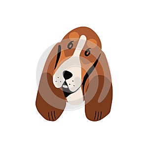 Funny Basset Hound pup avatar. Happy puppy of hunting dog with long ears. Cute muzzle of shorthair breed. Adorable dog