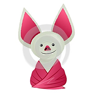 Funny bat with huge pink ears and sharp fangs. Illustration in cartoon style