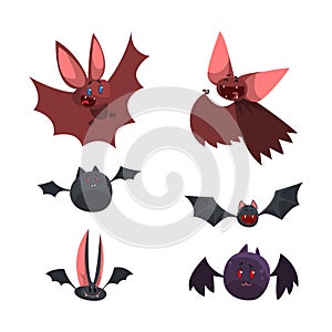 Funny Bat with Membranous Wing as Night Wild Flying Scary Animal Vector Set