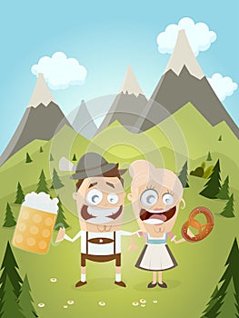 Funny Bavarian couple with beer and pretzel