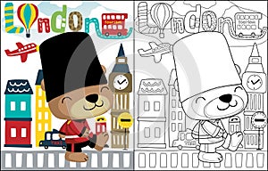 Funny bear cartoon in British royal guard costume on London cityscape background, coloring book or page