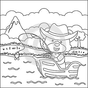 Funny bear cartoon vector on little boat with cartoon style, Trendy children graphic with Line Art Design Hand Drawing Sketch For