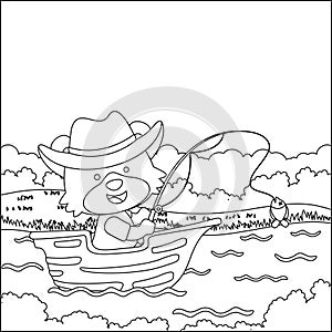 Funny bear cartoon vector on little boat with cartoon style, Trendy children graphic with Line Art Design Hand Drawing Sketch For