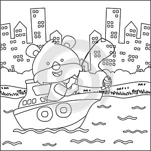 Funny bear cartoon vector on little boat with cartoon style, Trendy children graphic with Line Art Design Hand Drawing Sketch For