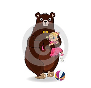 Funny Bear Holding Cute Little Girl in Pink Dress