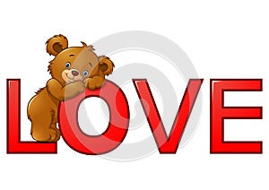 Funny bear on the red word `love`