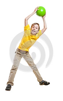 Funny beautiful child in yellow t-shirt jumping and laughing