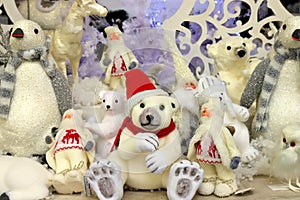 Funny beautiful Santa Claus, polar bear, favorite New Year and Christmas toys, decorations and gifts, the best positive emotions.