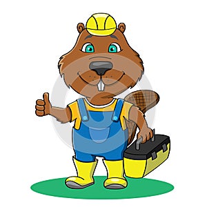 Funny beaver builder in overall and yellow work helmet showing t