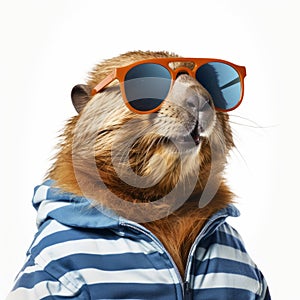 Funny Beaver Wearing Sunglasses And Striped Sweater photo
