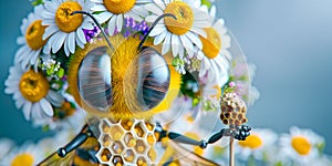 Funny Bee Adorned with Flowers and holding a honey ice cream. May 20, World bee day concept