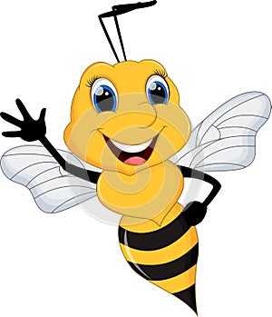 Funny bee cartoon waving with bacground