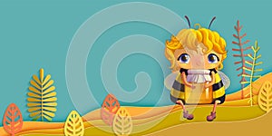 Funny bee with a jar of honey sitting in a meadow. Summer sale autumn discount