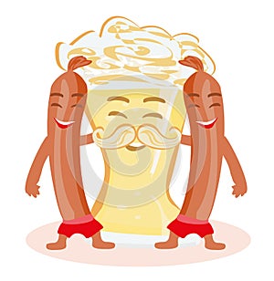 Funny beer glass and frankfurters sausages characters having fun together