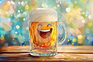 A funny beer mug with eyes and a smile