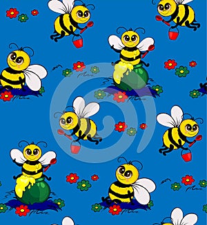 Funny bees collect nectar. Seamless pattern.