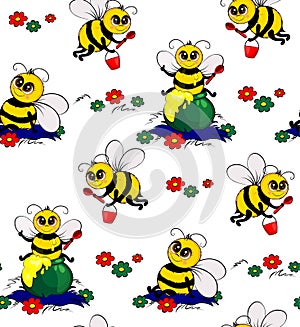 Funny bees collect nectar. Seamless pattern.