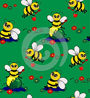 Funny bees collect nectar. Seamless pattern.