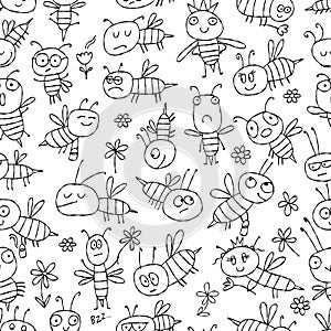 Funny Bees family. Beehive seamless pattern background for your design