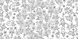 Funny Bees family. Beehive seamless pattern background for your design