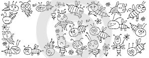 Funny Bees family. Beehive for your design. Horizontal banner with place for text