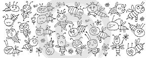 Funny Bees family. Beehive for your design. Horizontal print background