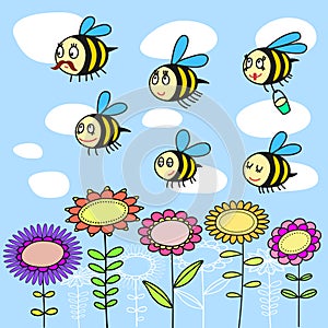 Funny bees flying over flowers.