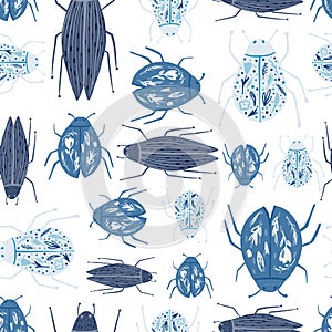 Funny beetle wallpaper. Geometric insect ornament. Blue bugs seamless pattern isolated on white background