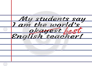 Funny Best English Teacher Illustration of Message on Notebook Paper with Clipping Path