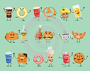 Funny best friends food characters with emotions, includes fast food and fruits, vector illustrations.