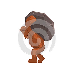 Funny bigfoot carrying heavy stone on his back, mythical creature cartoon character vector Illustration on a white