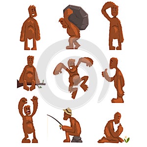 Funny bigfoot cartoon character set, mythical creature in different situations vector Illustrations on a white