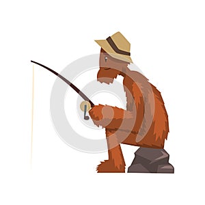 Funny bigfoot fishing with rod, mythical creature cartoon character vector Illustration on a white background