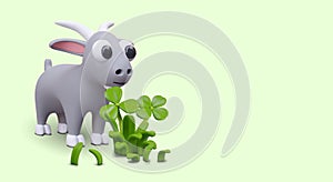 Funny billy goat stands near green clover. 3D herbivore in cartoon style photo