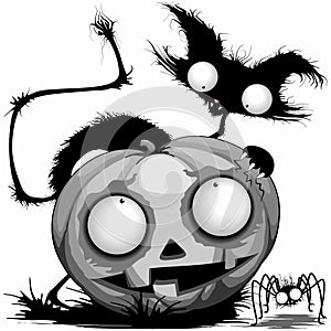 Cat Pumpkin and Spider Funny and Spooky Halloween Cartoon Characters Vector illustration
