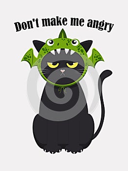 A funny black cute cat is angry because they put a green dragon hat on him for a festive mood. Text: Don\'t make me angry.
