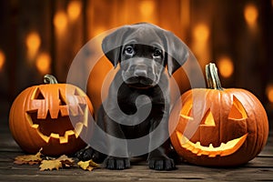 Funny black little dog sitting next to a pumpkin in autumn forest, Halloween, thanksgiving concept