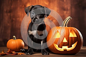 Funny black little dog sitting next to a pumpkin on wooden background, Halloween, thanksgiving concept