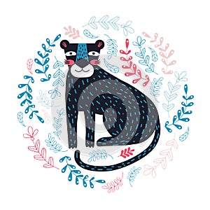 Funny Black Panther in vector on white background. Cute animal character. Vector illustration in a fun children s style. Wild